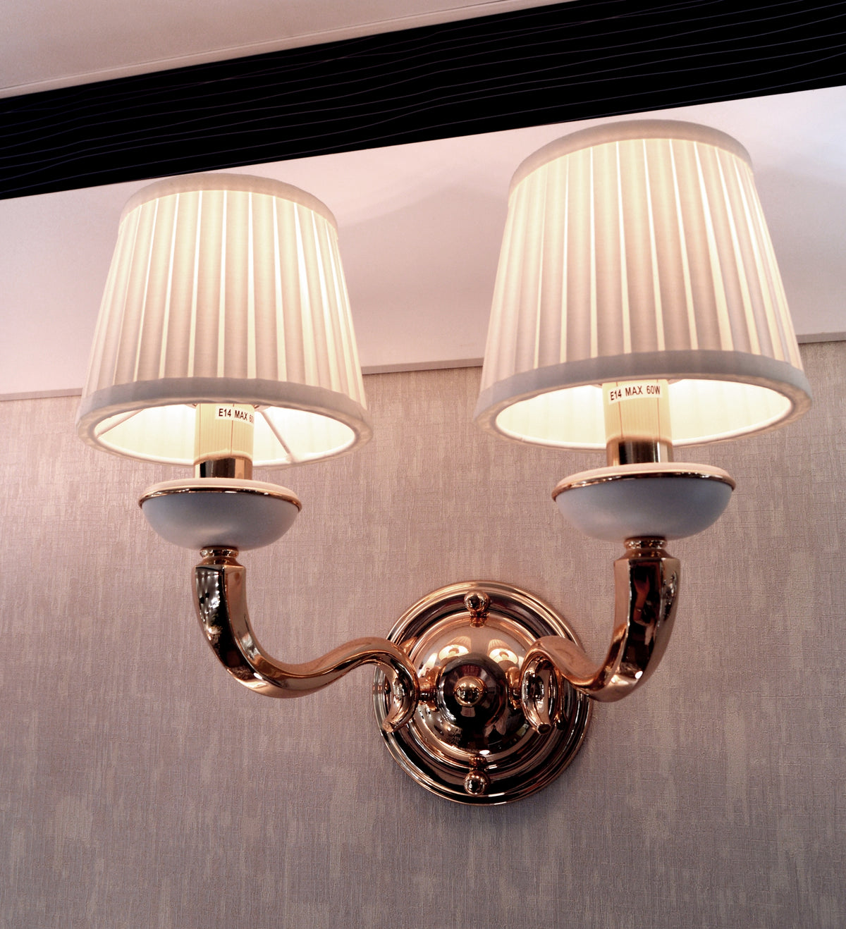 Elegant Dual-Arm Chrome Wall Light with Fabric Shades