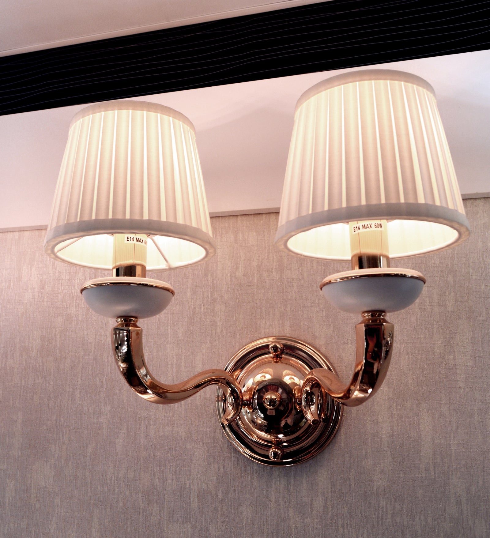 Elegant Dual-Arm Chrome Wall Light with Fabric Shades