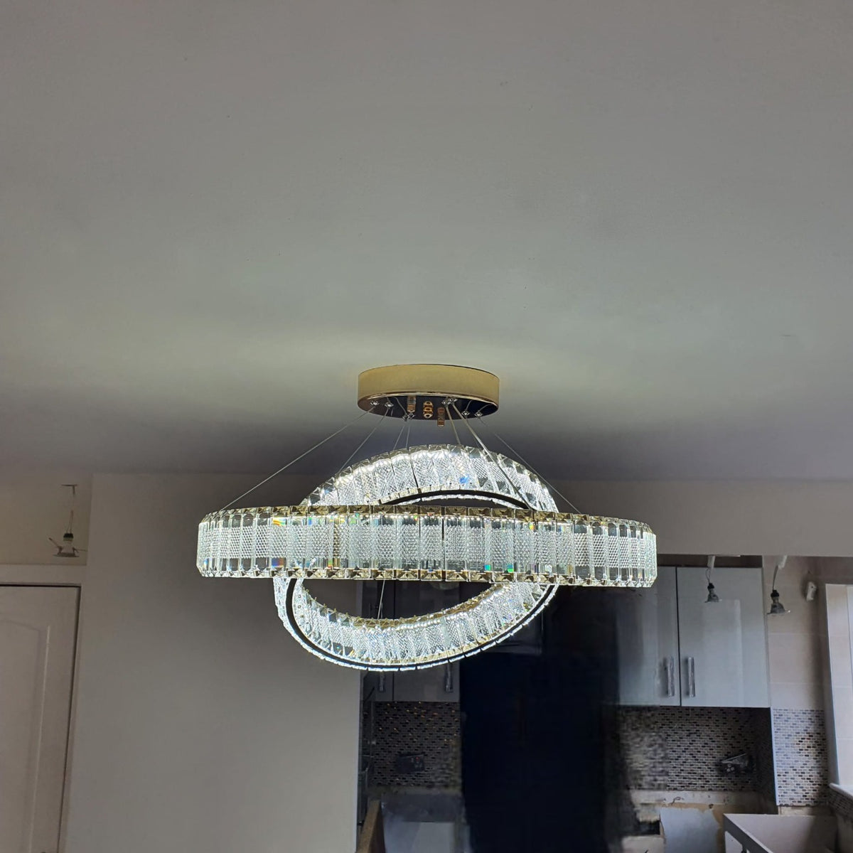 Modern Crystal Pendant Ceiling Light-colour changing brightness adjustment feature-remote control- with matching Floor & Table Lamps –Y608-400+600