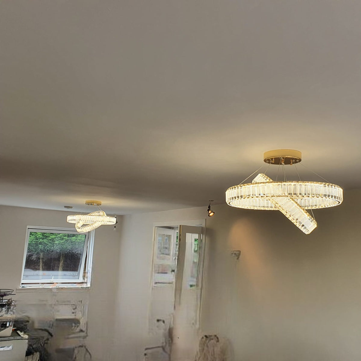 Modern Crystal Pendant Ceiling Light-colour changing brightness adjustment feature-remote control- with matching Floor & Table Lamps –Y608-400+600