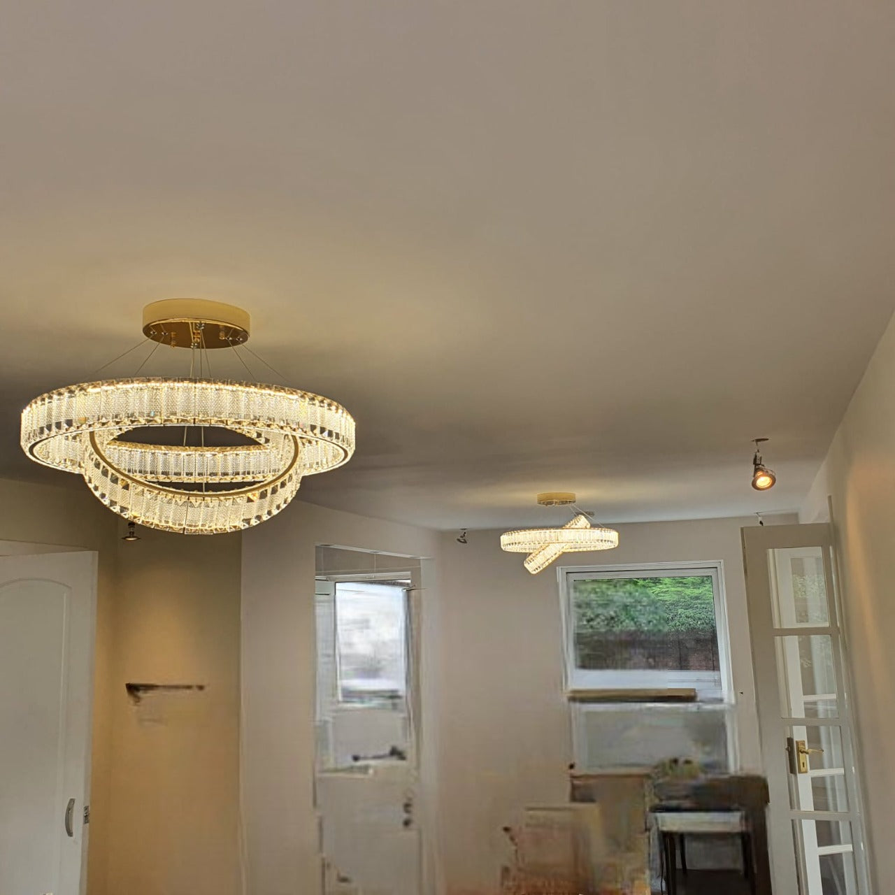 Modern Crystal Pendant Ceiling Light-colour changing brightness adjustment feature-remote control- with matching Floor & Table Lamps –Y608-400+600