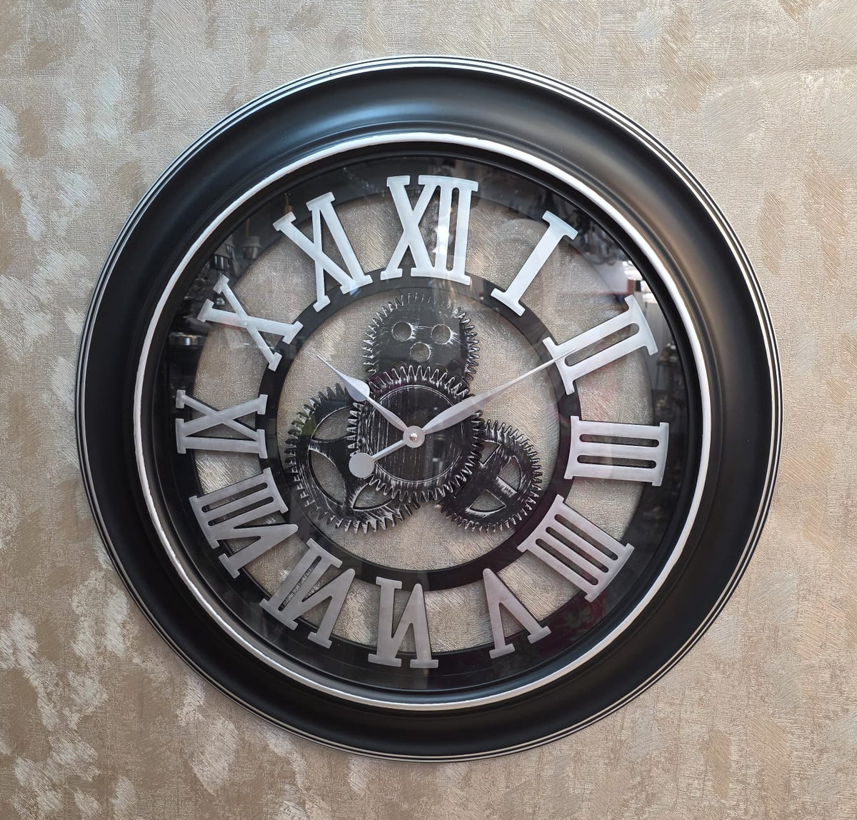Industrial Skeleton Gear Wall Clock With Silver or Antique Gold Roman Numerals