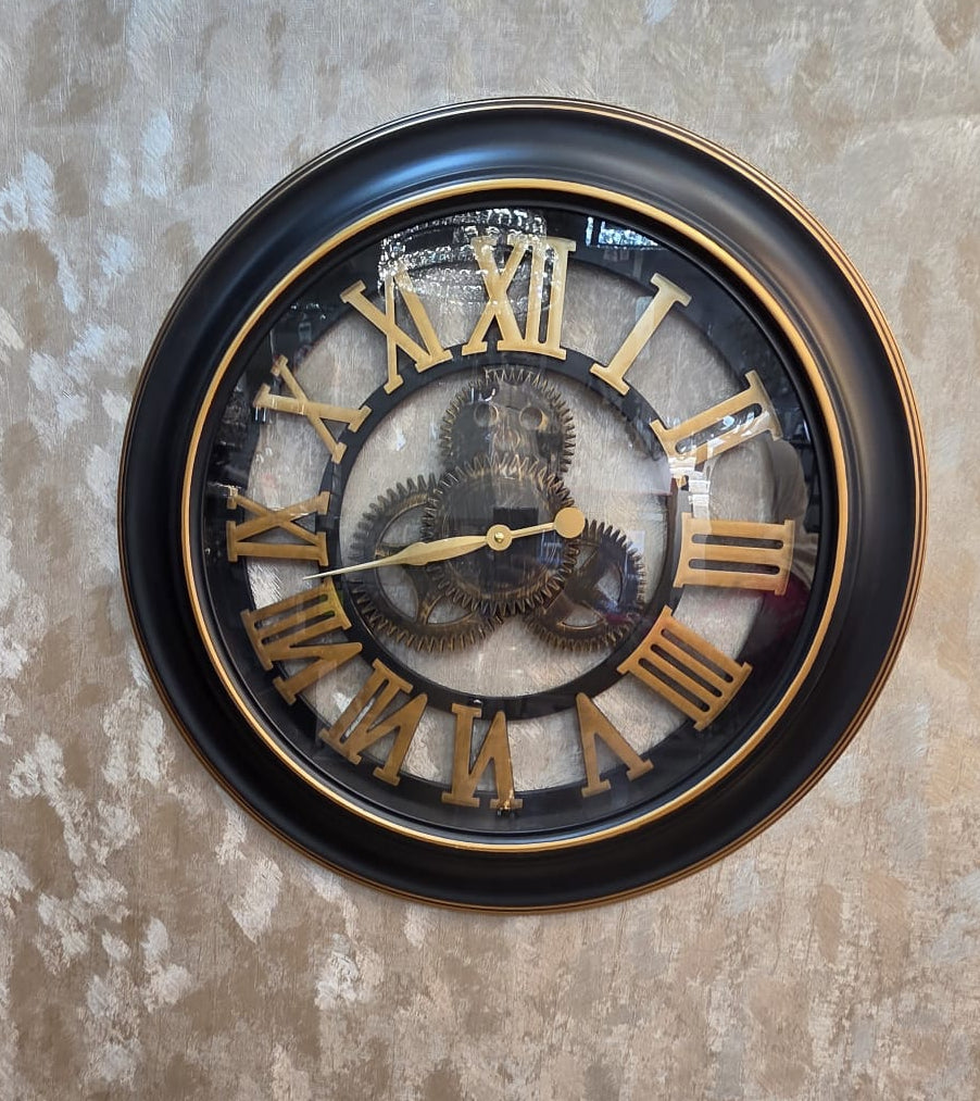 Industrial Skeleton Gear Wall Clock With Silver or Antique Gold Roman Numerals