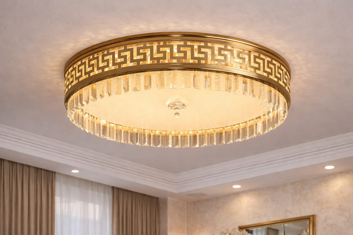 Luxury Gold Crystal LED Chandelier Ceiling Light - Greek Key Design - 04 Sizes