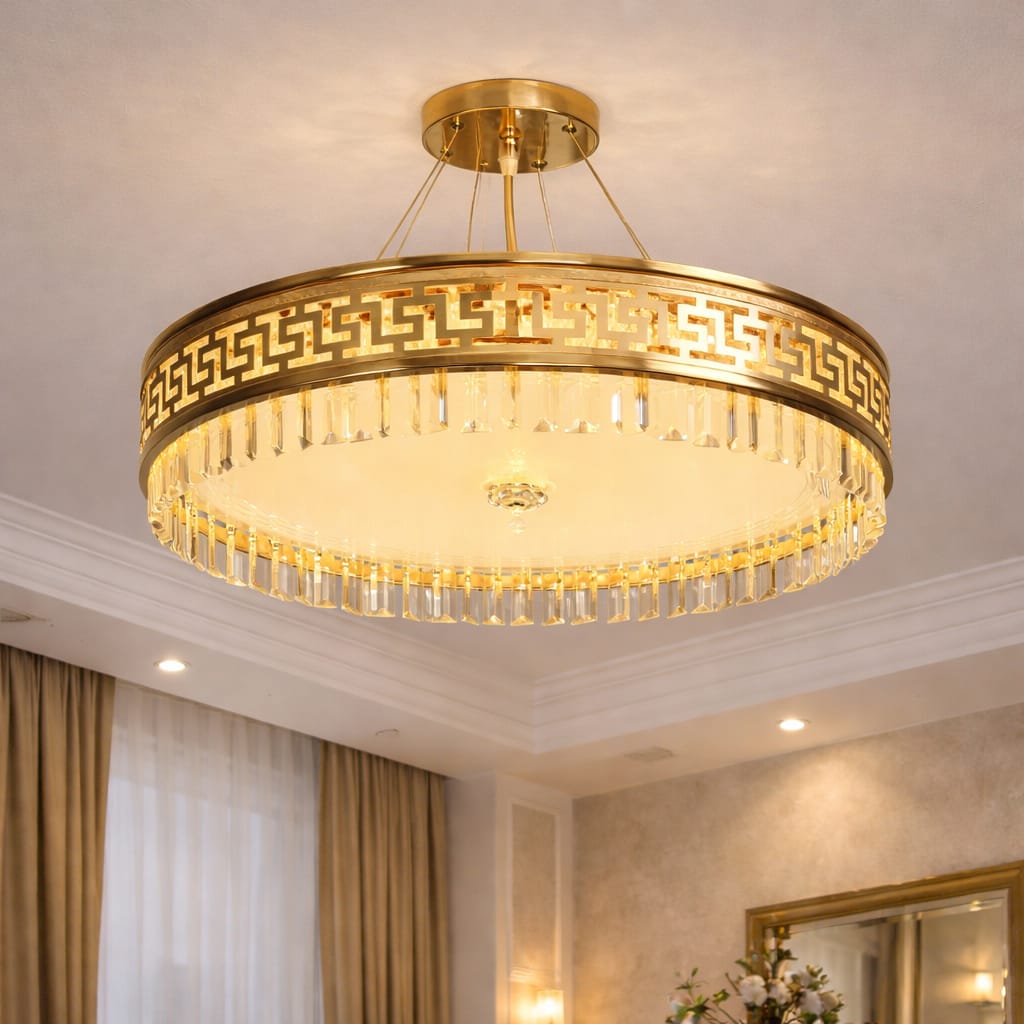 Luxury Gold Crystal LED Chandelier Ceiling Light - Greek Key Design - 04 Sizes