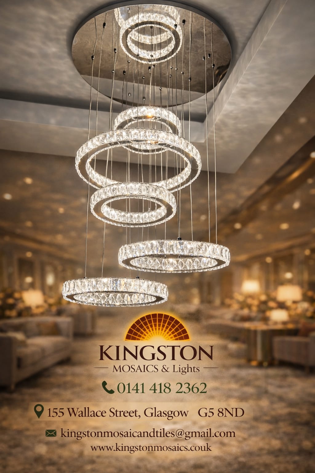 Luxury Crystal LED Multi-Ring Chandelier Ceiling Light – Modern Spiral Pendant, Dimmable, Chrome Finish, Designer Statement Lighting