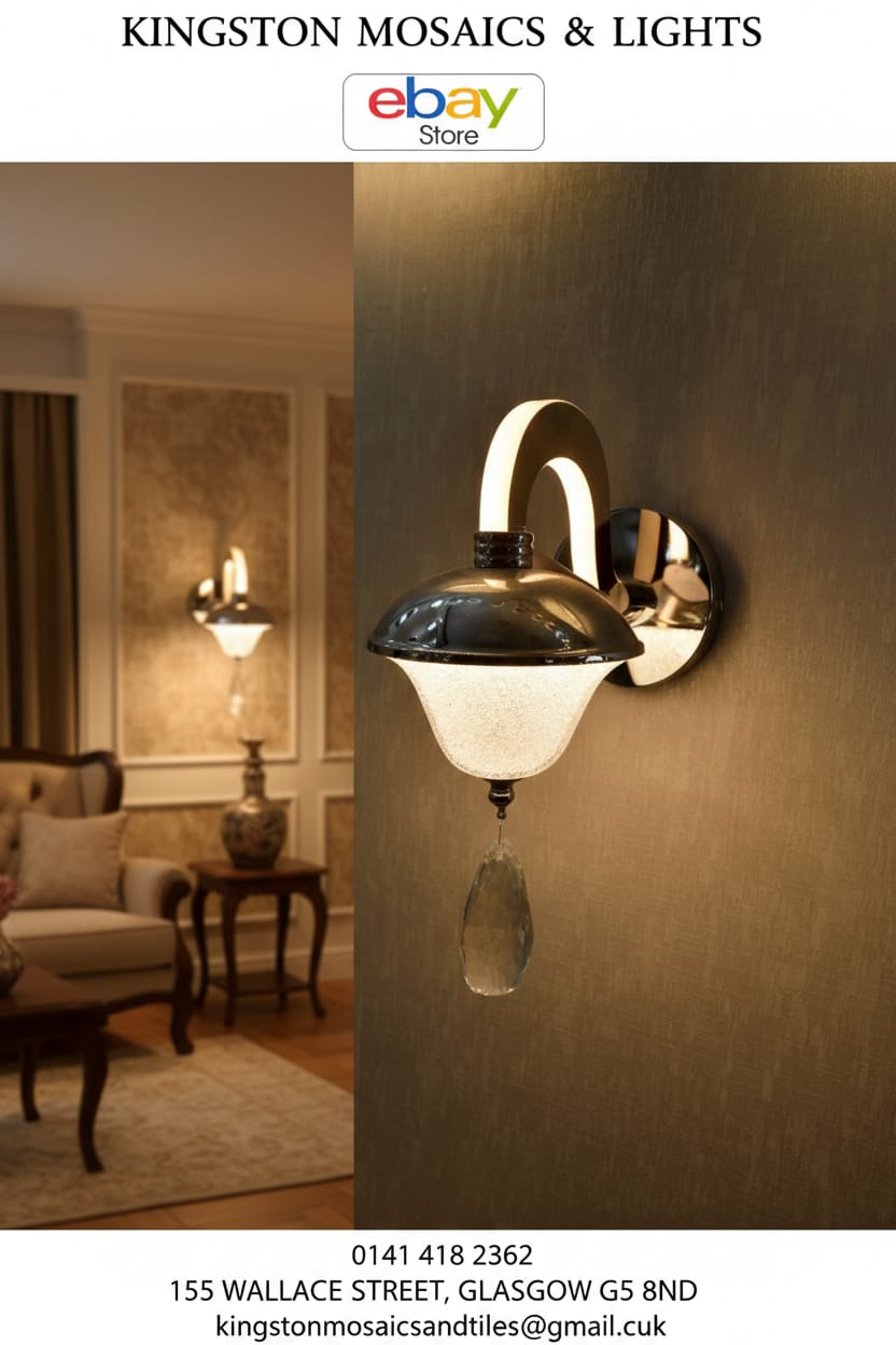 Luxury Single-Arm Chrome Wall Light with Glass Shade &amp; Crystal Drop