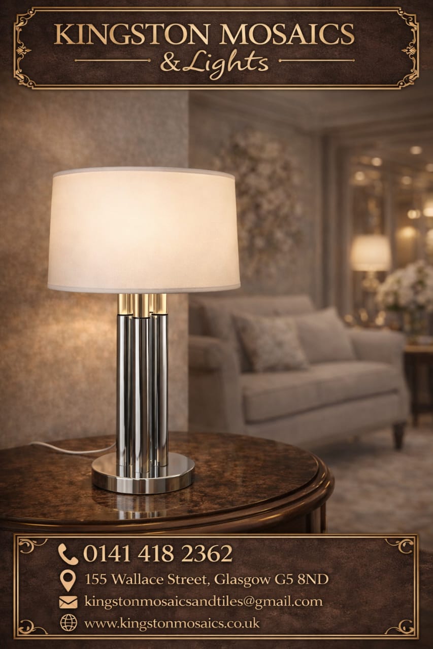 Modern Chrome Table Lamp with White Fabric Drum Shade