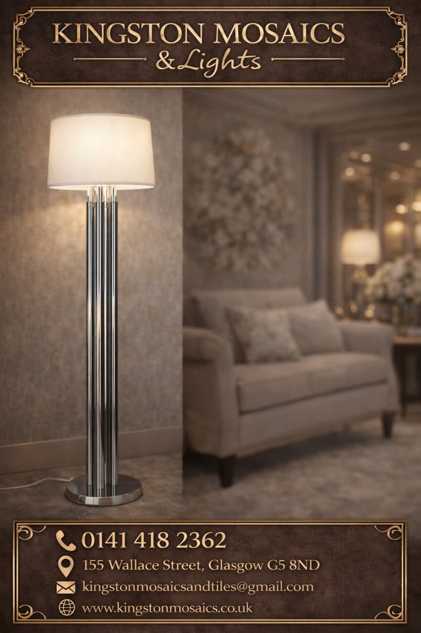 Modern Chrome Floor Lamp with White Fabric Drum Shade