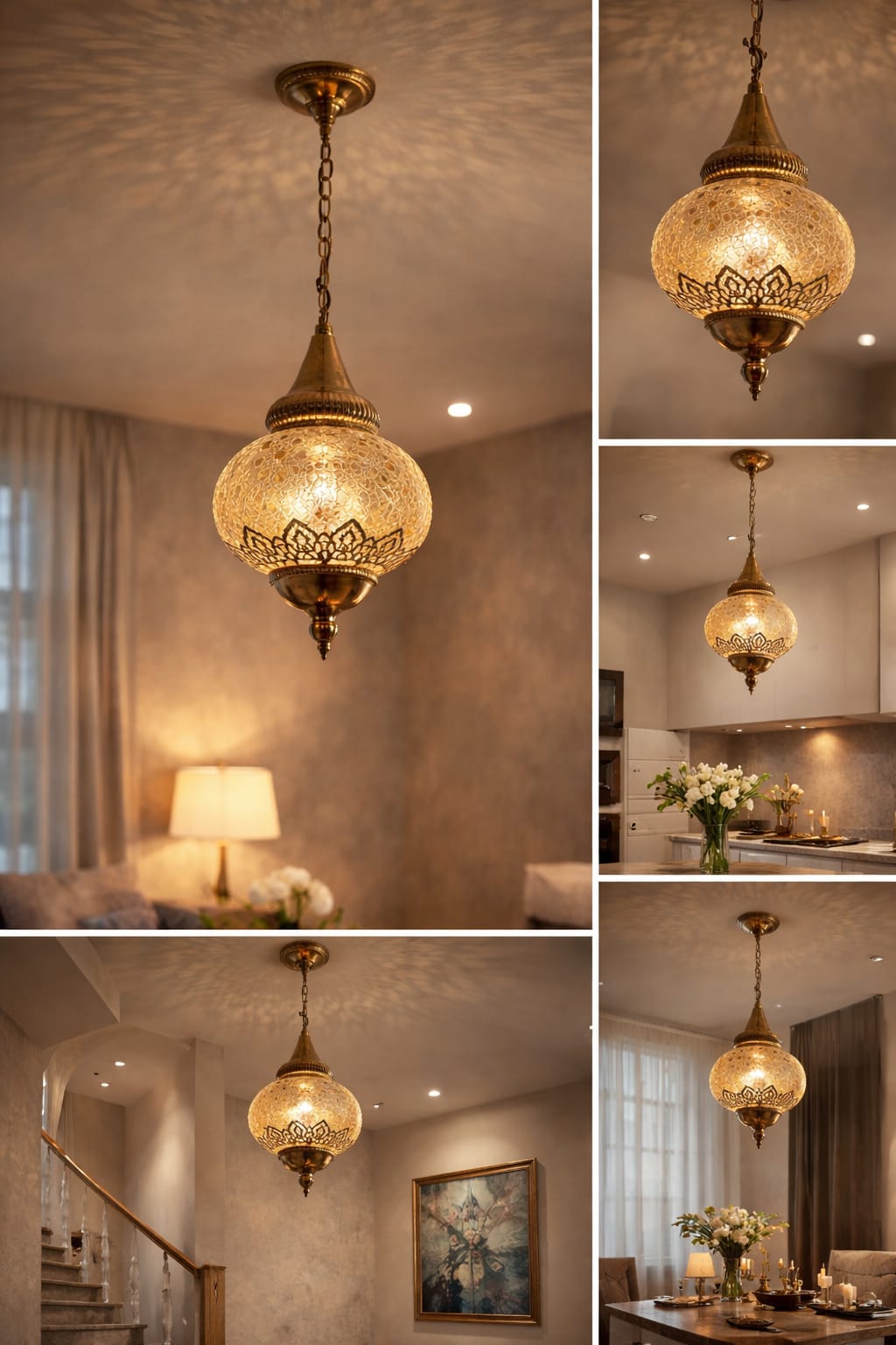 Handmade Turkish Mosaic Pendant Ceiling Light – Antique Brass Hanging Lantern