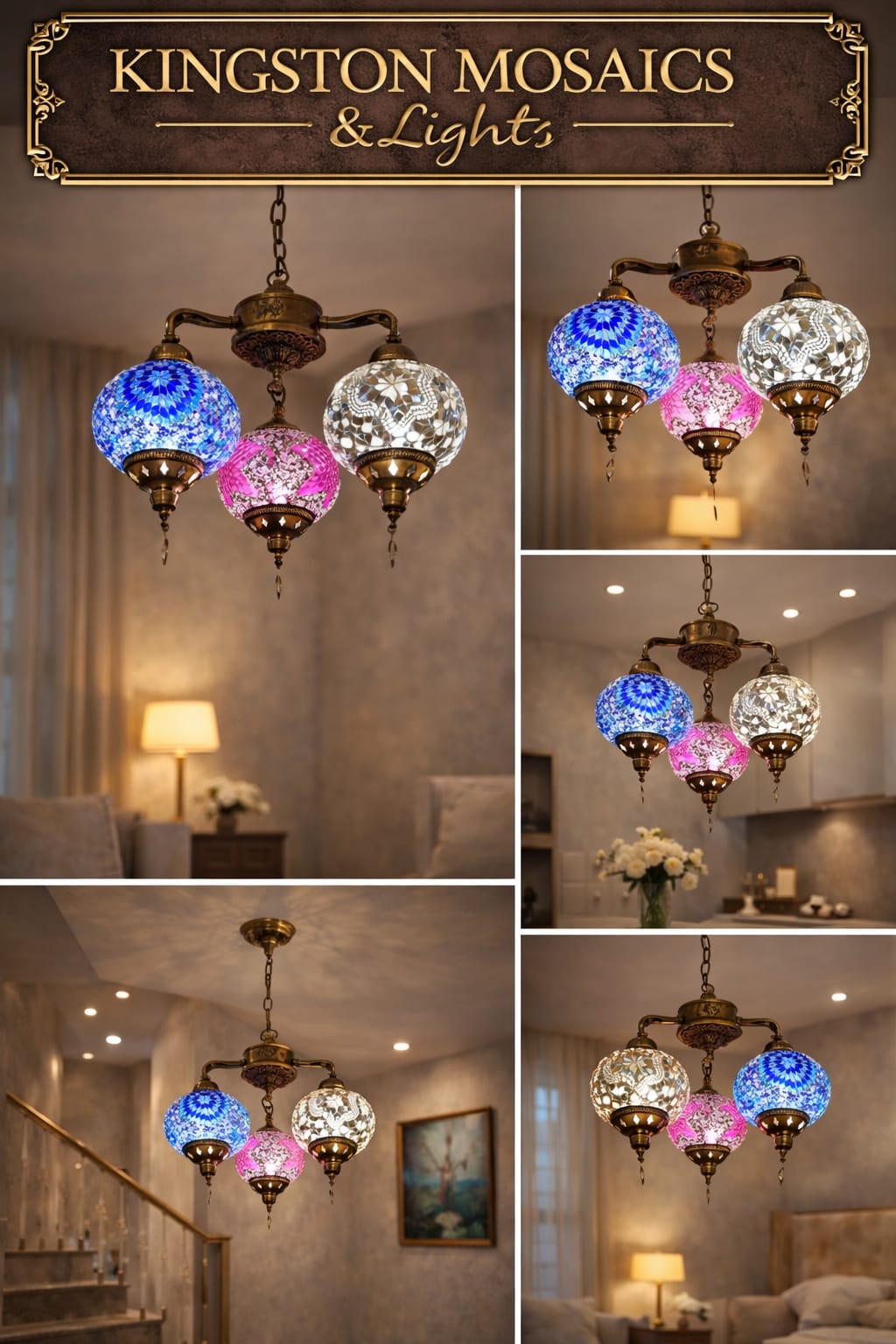 Luxury Turkish Mosaic 3-Light Chandelier Ceiling Pendant | Handcrafted Glass