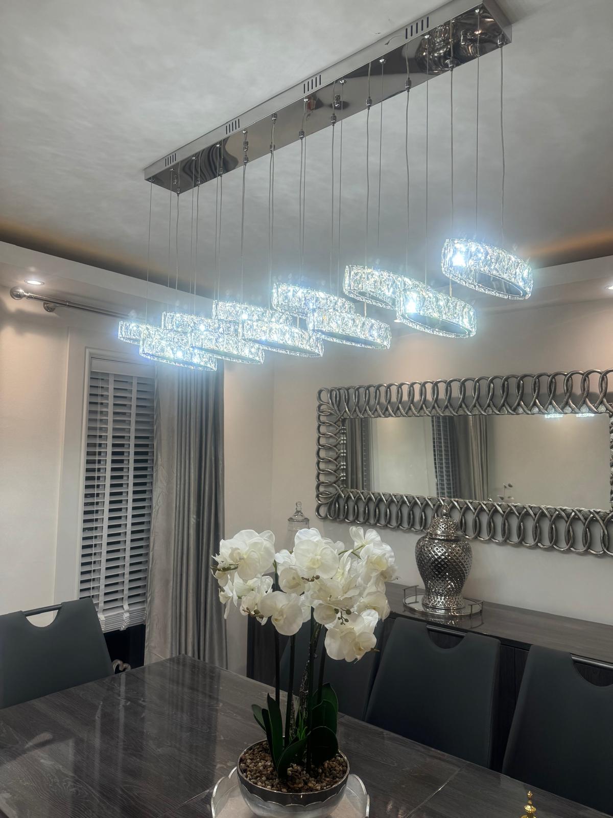 Rectangle 11 Crystal Pendant Ceiling Light-Colour Changing Dimmable with Remote Control-9046-11-Chrome