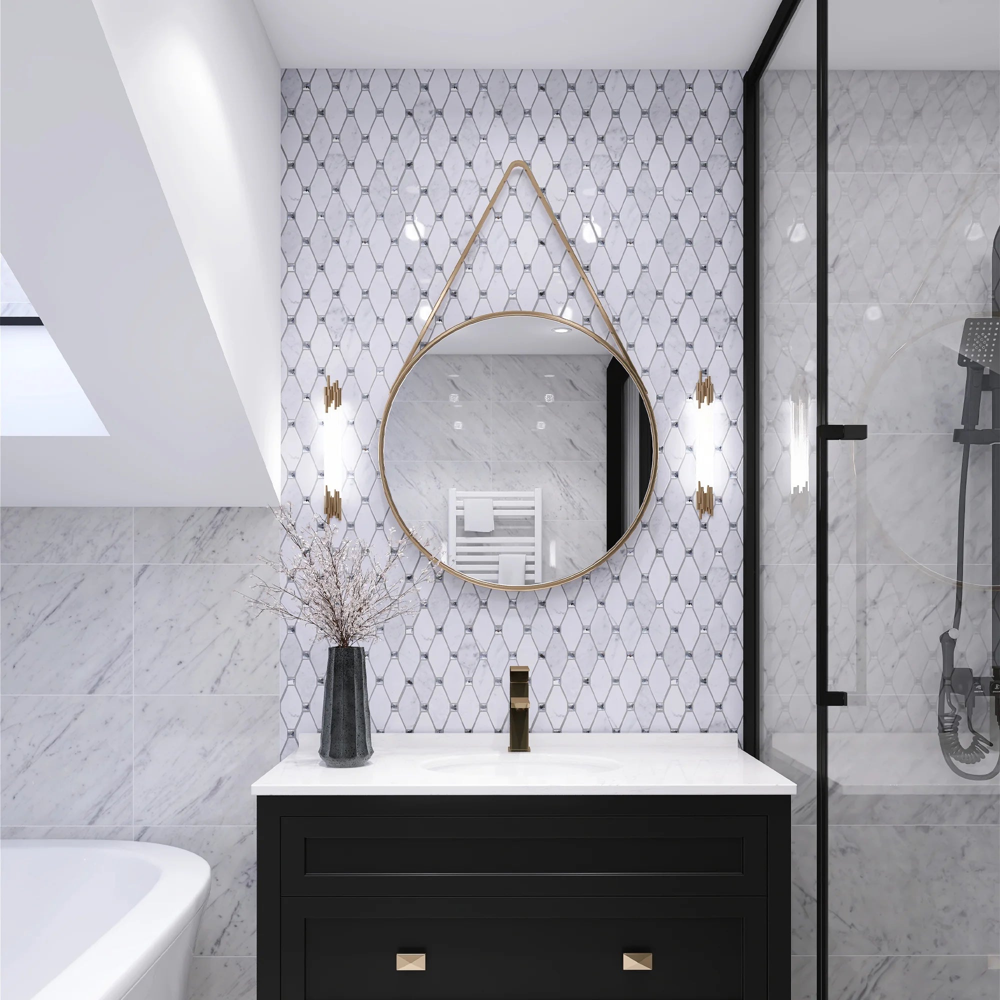 White, Grey, Beige & Black Marble Mosaic Tiles with Crystal  |300X340X8mm|10=1m2