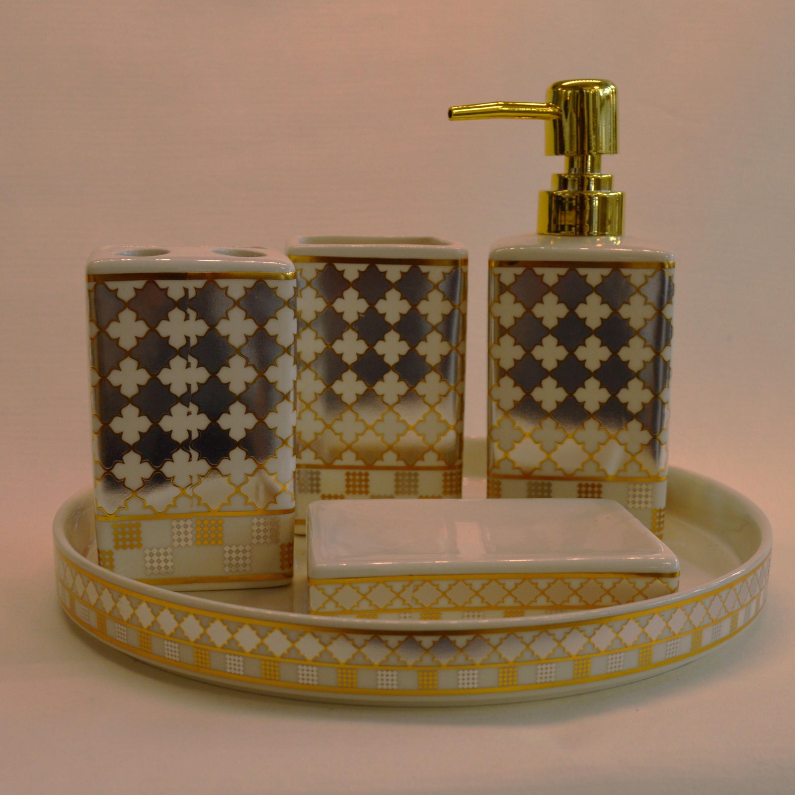 Bathroom Accessories Set, 4 Piece Ceramic & Resin Bath Accessory Set Includes 2Pcs Toothbrush Holder/Tumbler, Liquid Soap or Lotion Dispenser & Soap Dish Bathroom Storage