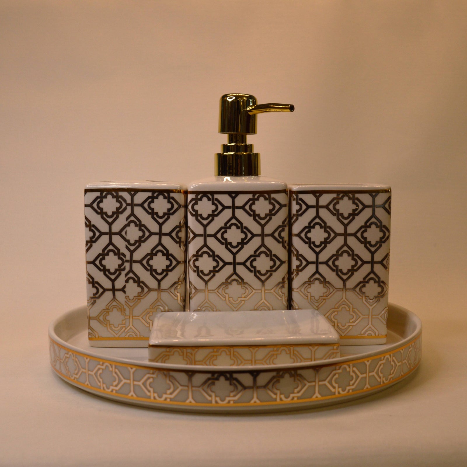 Bathroom Accessories Set, 4 Piece Ceramic & Resin Bath Accessory Set Includes 2Pcs Toothbrush Holder/Tumbler, Liquid Soap or Lotion Dispenser & Soap Dish Bathroom Storage