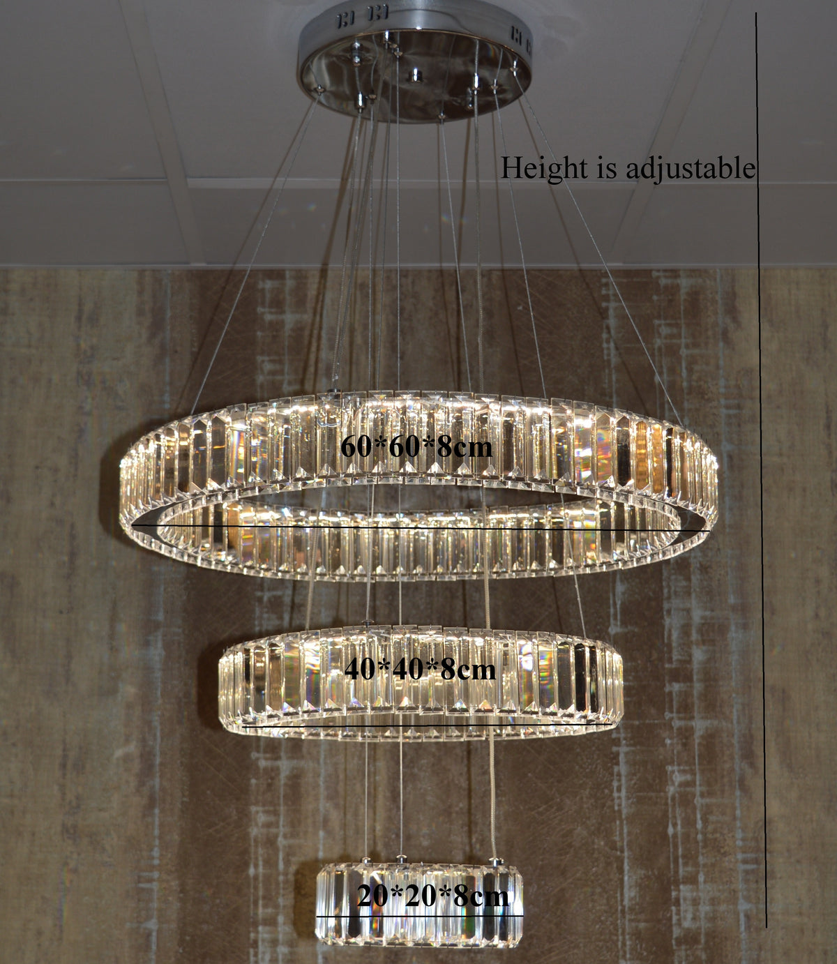 3 Rings Crystallic LED Pendant Chandelier Ceiling Light-Colour Changing Dimmable with Remote Control-8010-600-3-70*70*18cm-Chrome