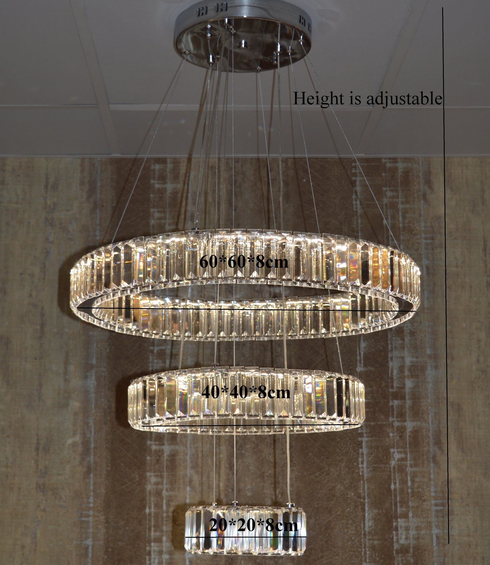 3 Rings Crystallic LED Pendant Chandelier Ceiling Light-Colour Changing Dimmable with Remote Control-8010-600-3-70*70*18cm-Chrome