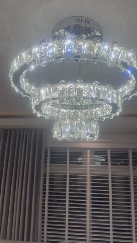 Round 3 Circular Crystallic Pendant Ceiling Light-Colour Changing Dimmable with Remote Control-D9010-600+400+200-Chrome