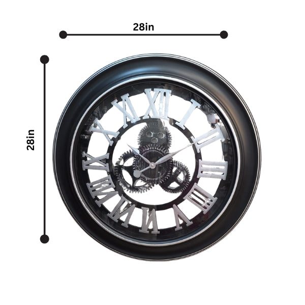 Industrial Skeleton Gear Wall Clock With Silver or Antique Gold Roman Numerals