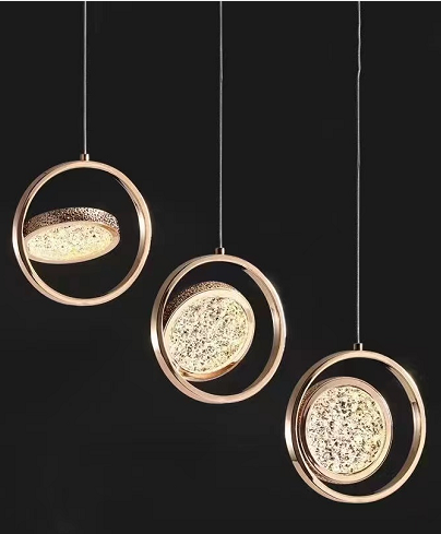 Rosegold Crystal Pendant Light with Rotating Ring-209 with matching different size lights