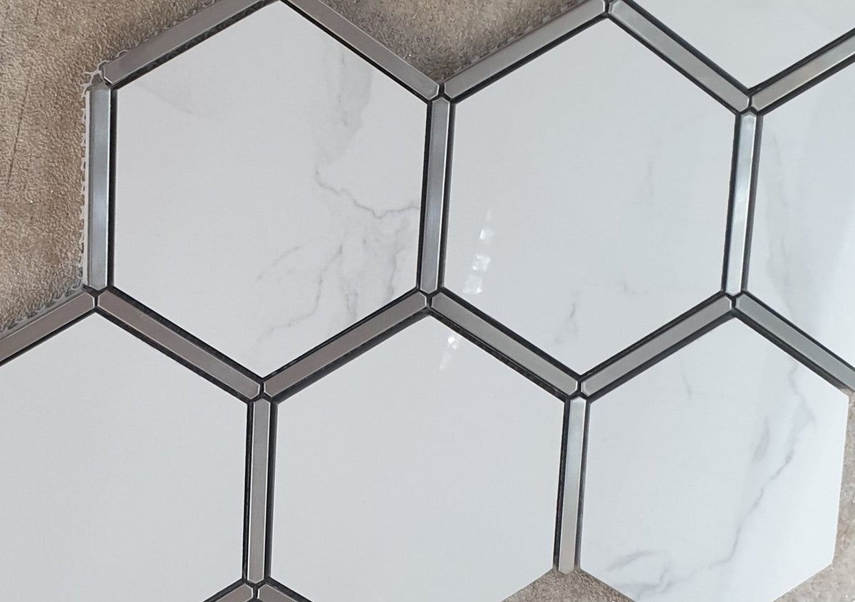 Hexagonal Silver and White Elegant Porcelain Mosaic Tiles-220*380*8mm-11sheets-1m2