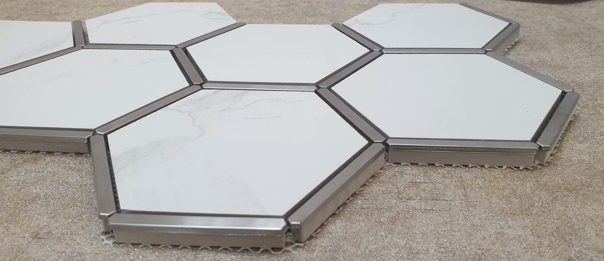 Hexagonal Silver and White Elegant Porcelain Mosaic Tiles-220*380*8mm-11sheets-1m2