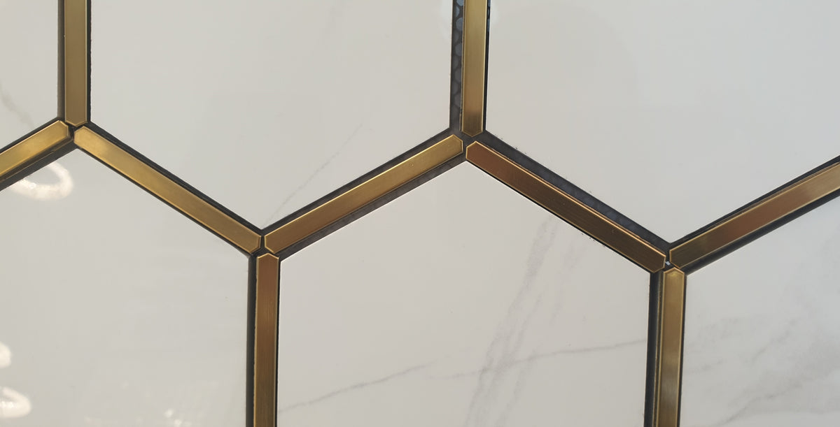 Hexagonal Gold and White Elegant Porcelain Mosaic Tiles-220*380*8mm-11sheets-1m2-HEX-POR04
