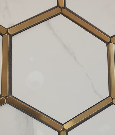 Hexagonal Gold and White Elegant Mosaic Tiles-220*380*8mm-11sheets-1m2