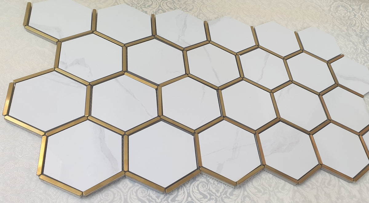Hexagonal Gold and White Elegant Porcelain Mosaic Tiles-220*380*8mm-11sheets-1m2-HEX-POR04