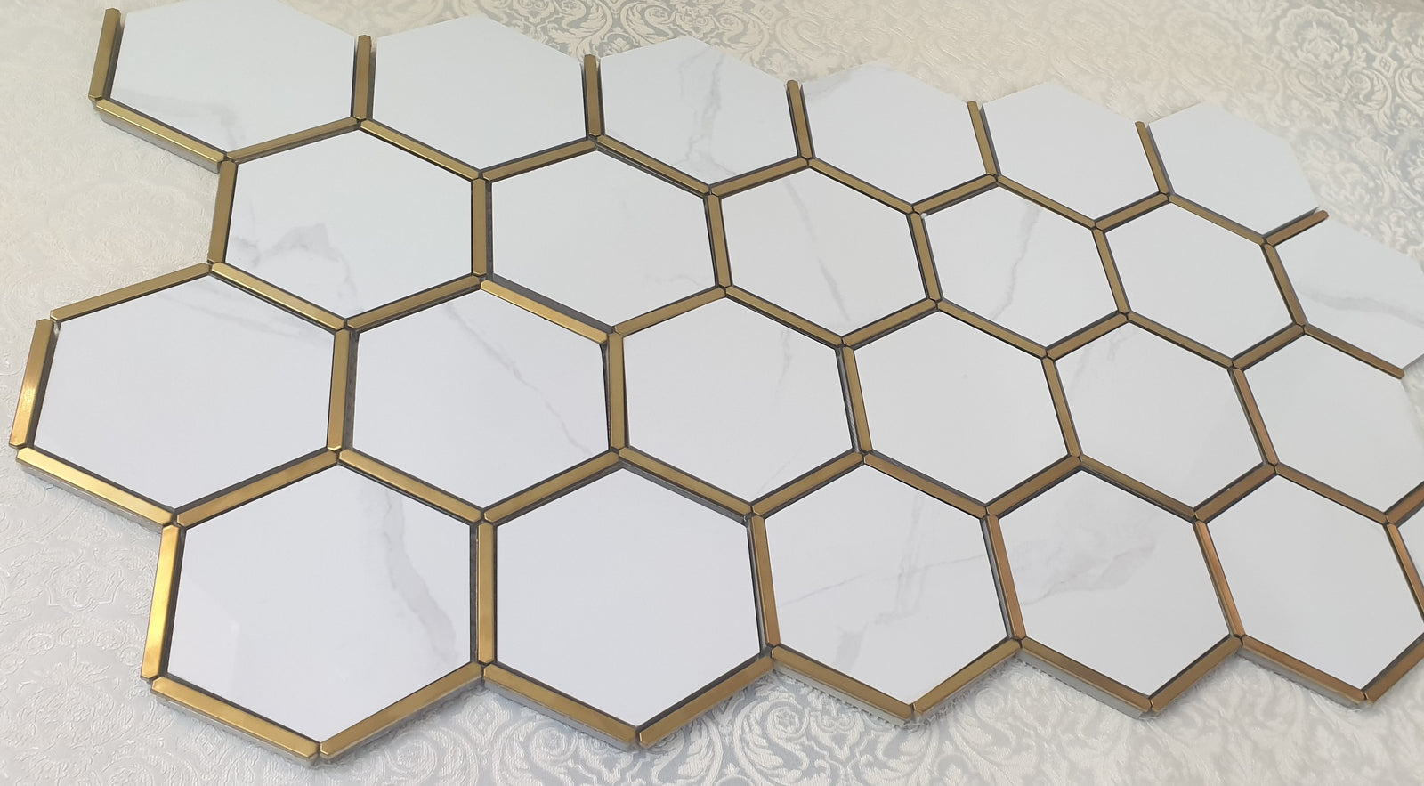 Hexagonal Gold and White Elegant Porcelain Mosaic Tiles-220*380*8mm-11sheets-1m2-HEX-POR04