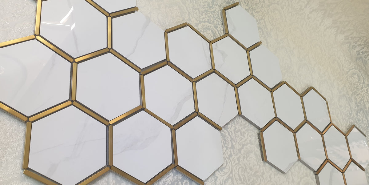 Hexagonal Gold and White Elegant Porcelain Mosaic Tiles-220*380*8mm-11sheets-1m2-HEX-POR04