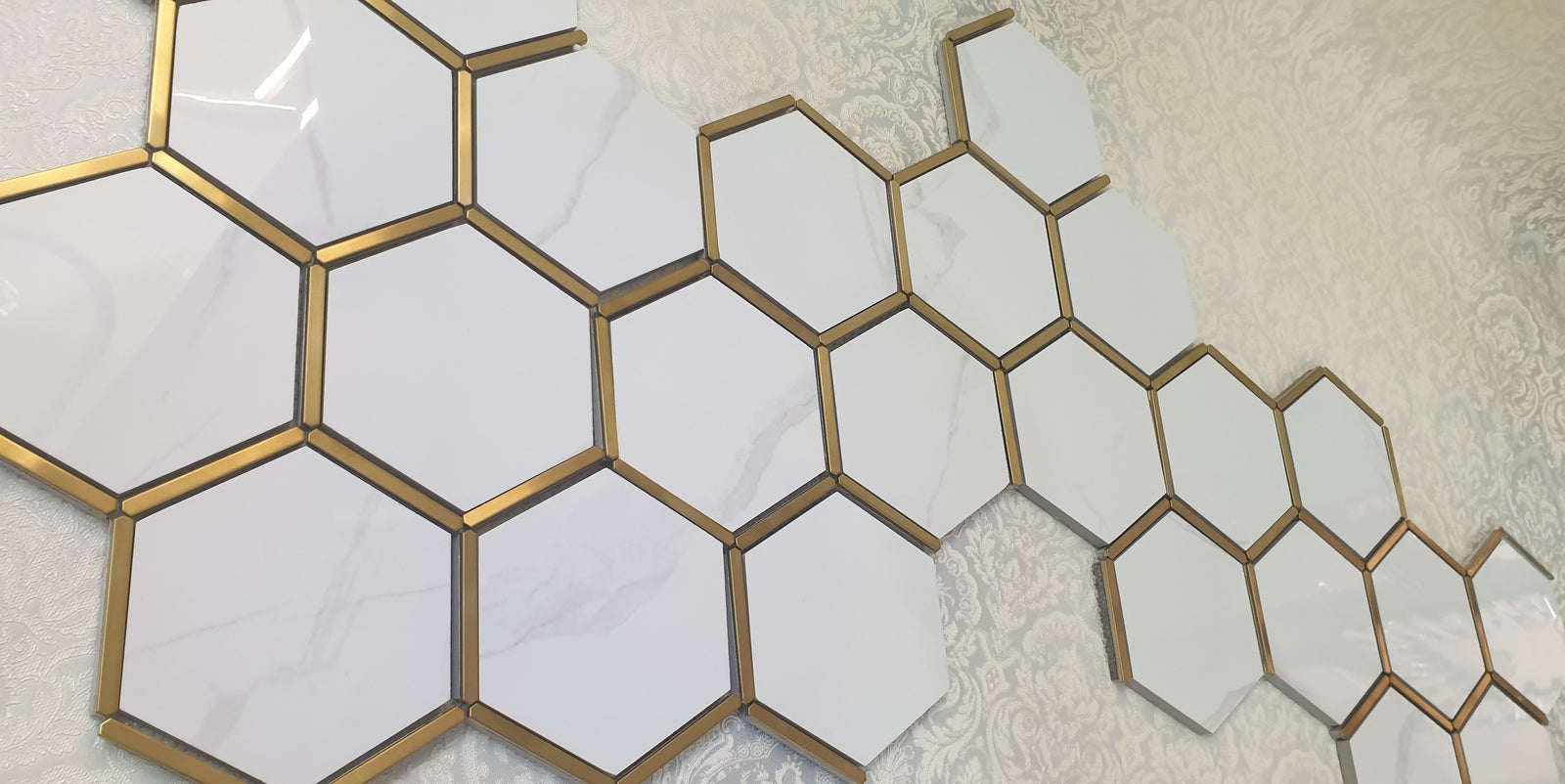 Hexagonal Gold and White Elegant Porcelain Mosaic Tiles-220*380*8mm-11sheets-1m2-HEX-POR04