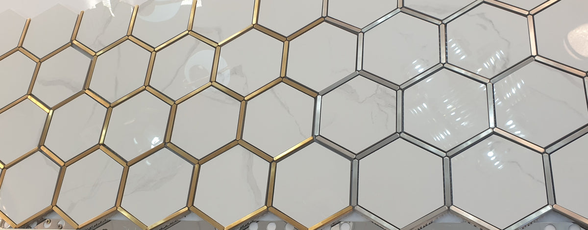 Hexagonal Gold and White Elegant Porcelain Mosaic Tiles-220*380*8mm-11sheets-1m2-HEX-POR04