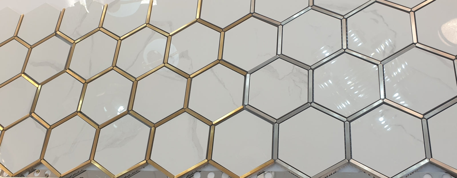 Hexagonal Gold and White Elegant Porcelain Mosaic Tiles-220*380*8mm-11sheets-1m2-HEX-POR04