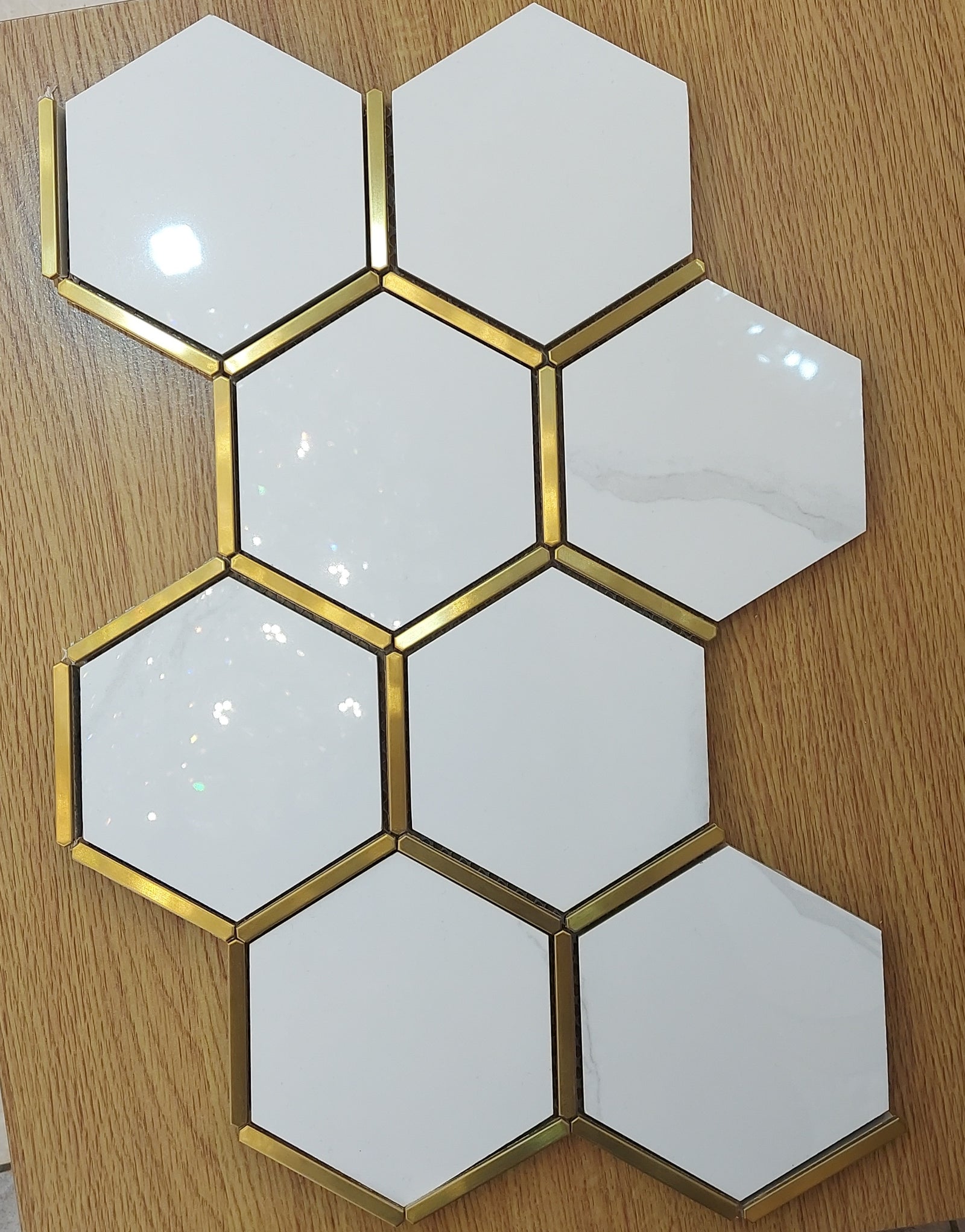 Hexagonal Gold and White Elegant Porcelain Mosaic Tiles-220*380*8mm-11sheets-1m2-HEX-POR04