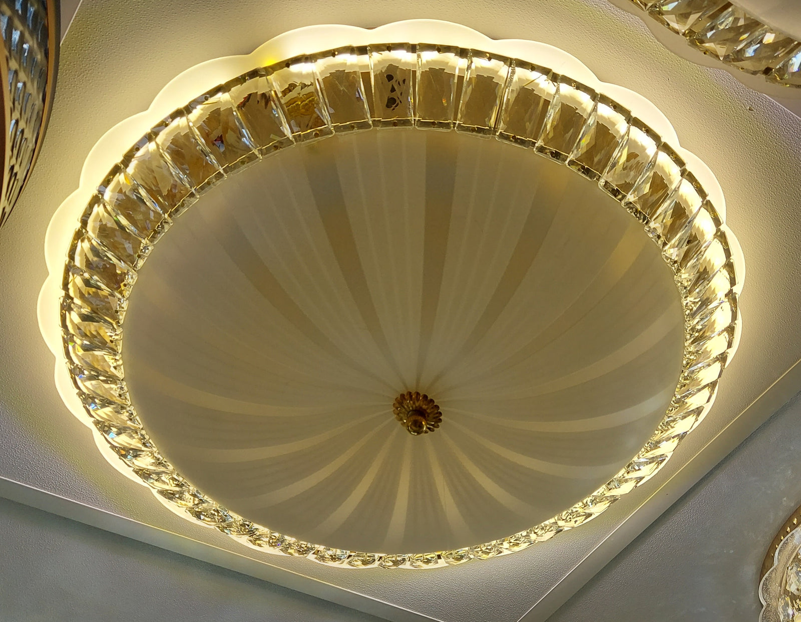 Circular glass ceiling mounted Cream Glass shaded light-with Colour Changing Function-8830-600-62*62*17cm-104w & 8830-500-52*52*15cm-85w