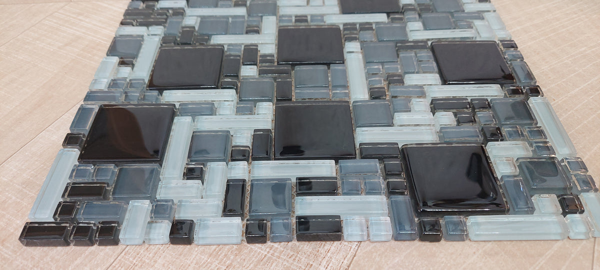 Black, Grey & Light Olive Green Geometric Glass Mosaic Tile-300*300*8mm-11sheets-1m2-Code: 8WYG-06_1