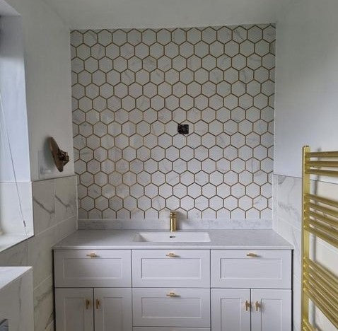 Hexagonal Gold and White Elegant Porcelain Mosaic Tiles-220*380*8mm-11sheets-1m2-HEX-POR04