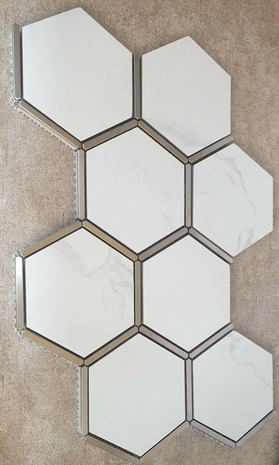 Hexagonal Silver and White Elegant Mosaic Tiles-220*380*8mm-11sheets-1m2