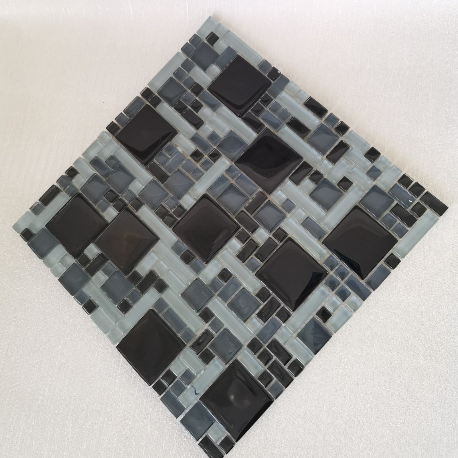 Black, Grey & Light Olive Green Geometric Glass Mosaic Tile-300*300*8mm-11sheets-1m2-Code: 8WYG-06_1