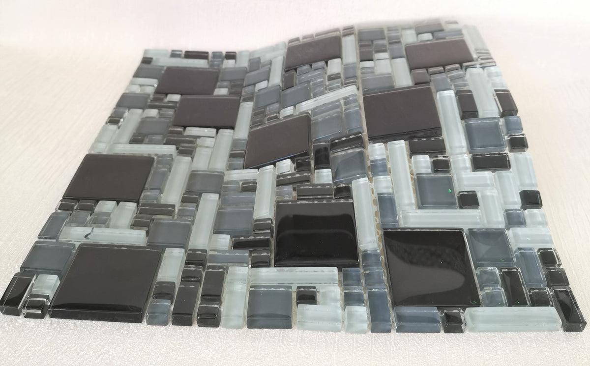 Black, Grey & Light Olive Green Geometric Glass Mosaic Tile-300*300*8mm-11sheets-1m2-Code: 8WYG-06_1