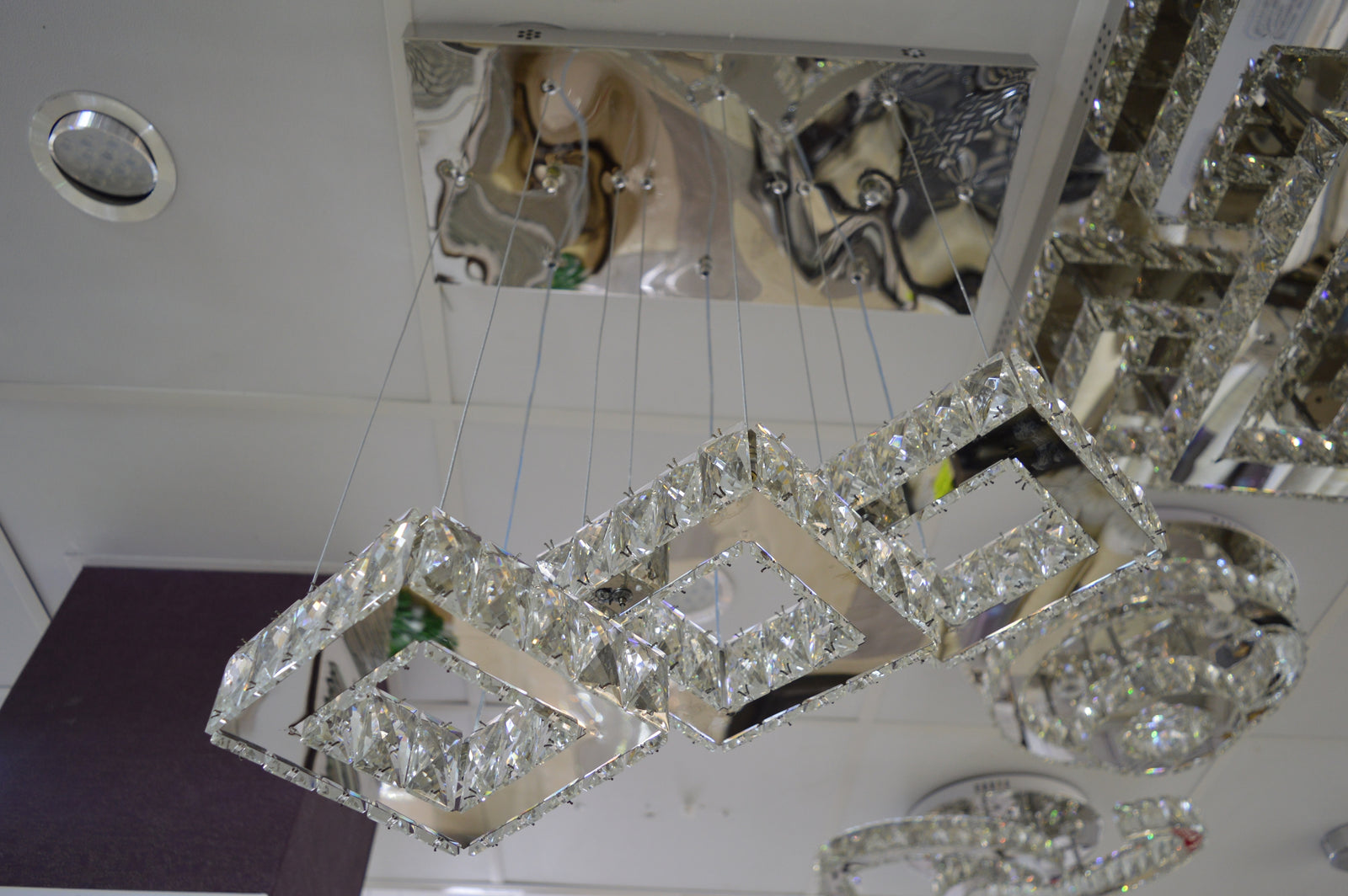 Diamante Crystallic 3 x Square Fixture mirrored frame colour changing LED ceiling light [9014-3)