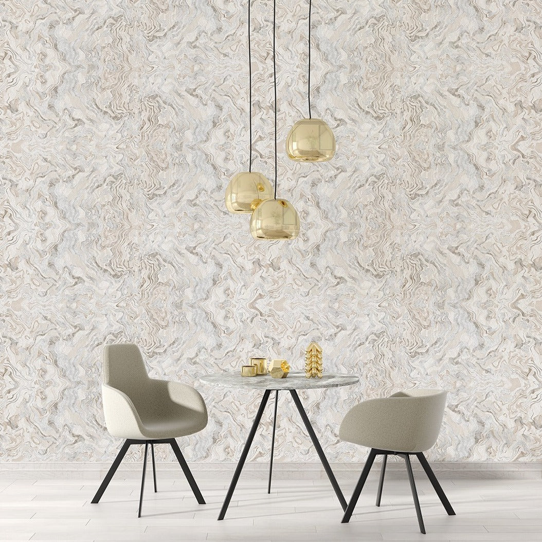Smoke Wave Cream, Beige &amp; Silver Colour with Light shimmer Lifestyle wallpapers -10mtr Length and 1mtr Width-Equal to Normal 2Rolls-DK.23840-1