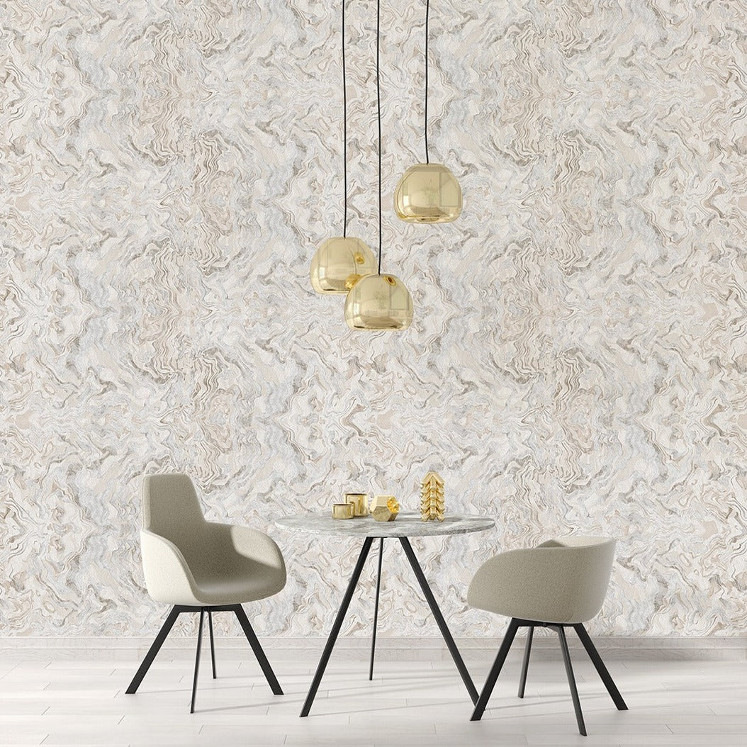 Smoke Wave Cream, Beige & Silver Colour with Light shimmer Lifestyle wallpapers -10mtr Length and 1mtr Width-Equal to Normal 2Rolls-DK.23840-1