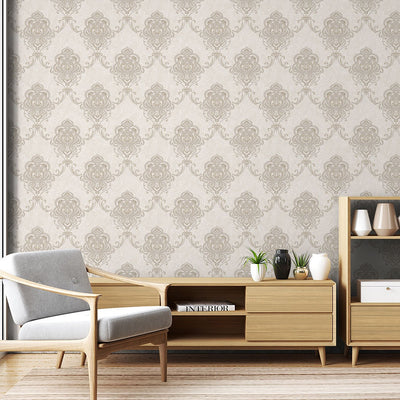 Kingston Prestige Wallpaper Silver, Cream & Brown Textured and matching Damask Pattern wallpapers -10mtr Length and 1mtr Width