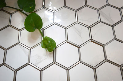 Hexagonal Gold and White Elegant Mosaic Tiles-220*380*8mm-11sheets-1m2