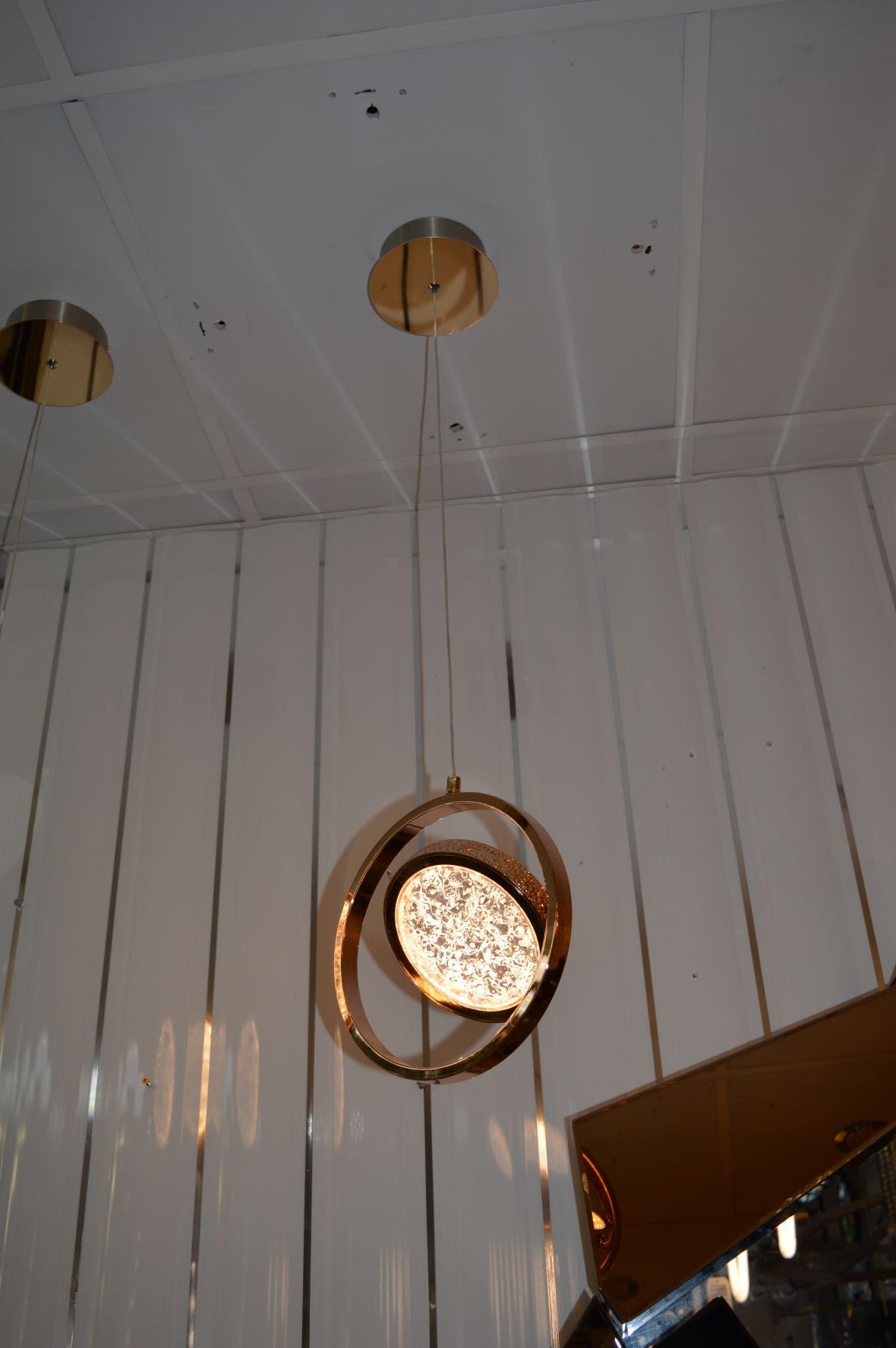 Rosegold Crystal Pendant Light with Rotating Ring-209 with matching different size lights