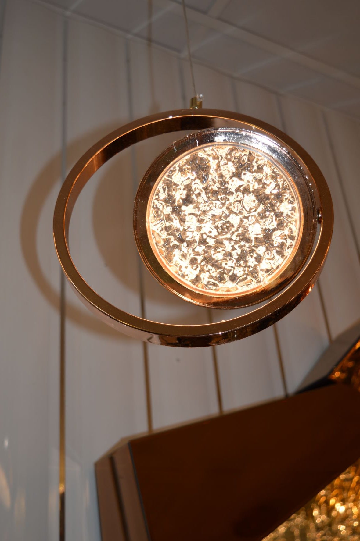 Rosegold Crystal Pendant Light with Rotating Ring-209 with matching different size lights
