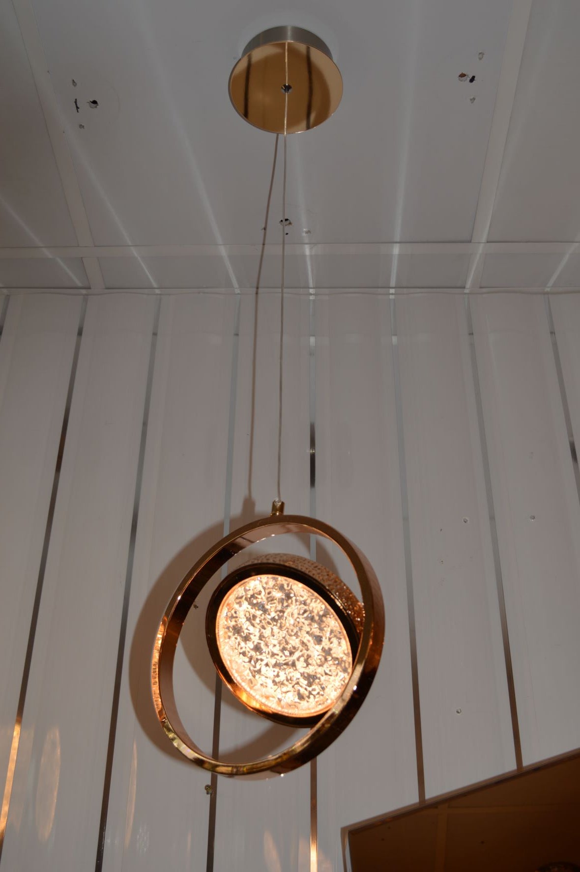 Rosegold Crystal Pendant Light with Rotating Ring-209 with matching different size lights