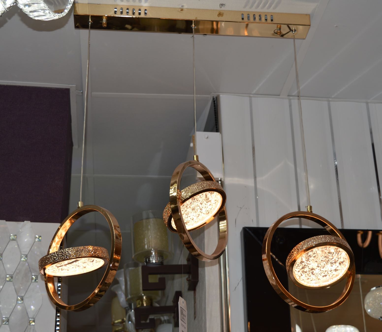 Rosegold Crystal Pendant Light with Rotating Ring-209 with matching different size lights